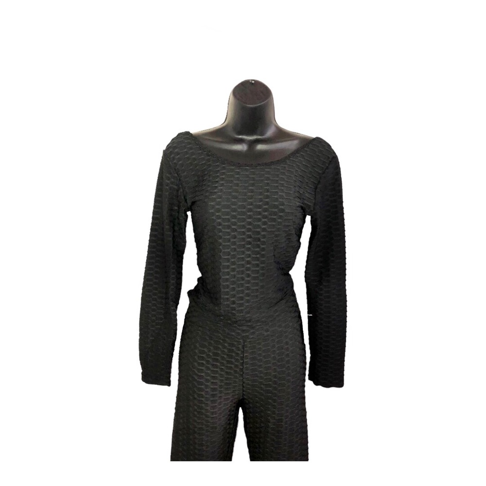 2piece black waffle print scoop back long sleeve top & leggings set size XL new